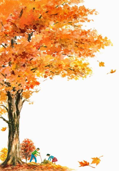 Kinderen harken herfstbladeren onder een grote esdoorn door American School