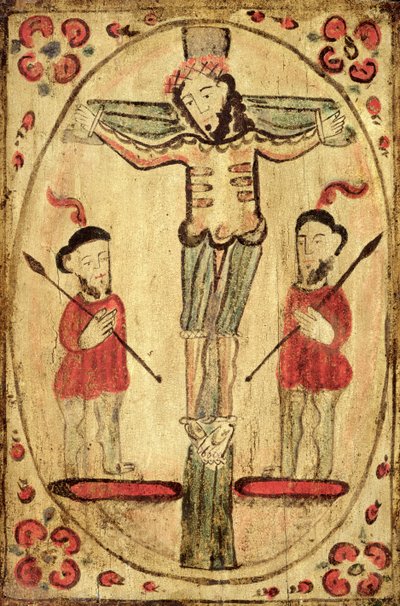 Christus aan het kruis en twee figuren door American School