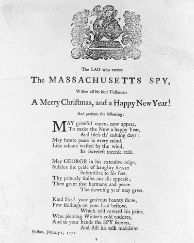 Kerstgroeten van De jongen die The Massachusetts Spy draagt, gedrukt in The Massachusetts Spy 1 januari 1771 door American School