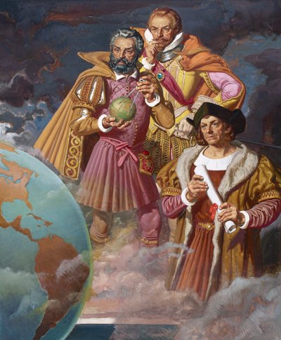 Christoffel Columbus, Ferdinand Magellaan en Vasco da Gama, ca. 1940 door American School
