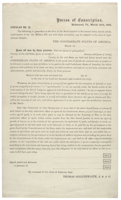 Circulaire nr. 12, een blanco aanvraag voor vrijstelling van dienst in het Confederale Leger, 24 maart 1864 door American School