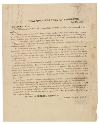 Circulaire betreffende de bouw en versterking van redoutes gebruikt door het Leger van Tennessee, 7 juli 1864 door American School