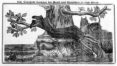 Kolonel Davy Crockett die zijn hoofd en schouders in de Zout Rivier dompelt, uit Crocketts Almanak, 1837 door American School