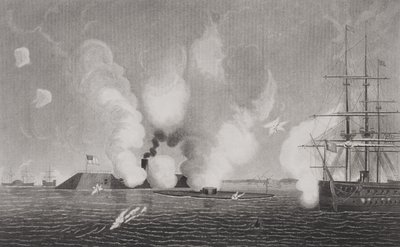 Gevecht tussen de Geconfedereerde CSS Virginia (links) en de Unie USS Monitor (midden) op 9 maart 1862 bij Hampton Roads, Virginia door American School