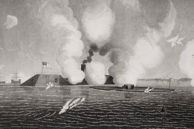 Gevecht tussen de Geconfedereerde CSS Virginia (links) en de Unie USS Monitor (rechts) op 9 maart 1862 bij Hampton Roads, Virginia (detail) door American School