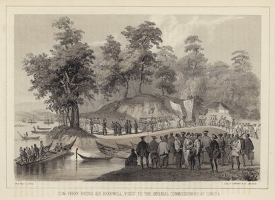 Commodore Perry brengt zijn afscheidsbezoek aan de keizerlijke commissarissen in Simoda, Japan door American School