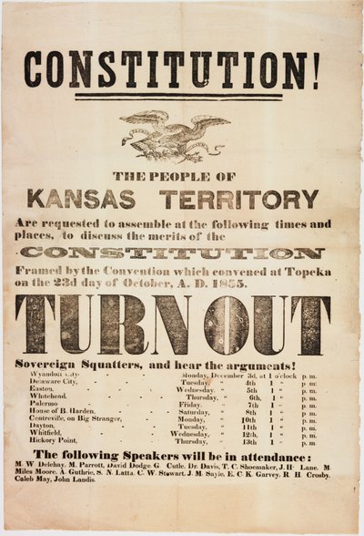 Grondwet! De mensen van het Kansas Territory worden verzocht bijeen te komen..., gedrukt door E. C. K. Garvey & Co., ca. 23 oktober 1855 door American School