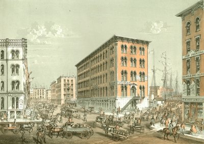 Hoek van Clark en South Water Street, uit Chicago Illustrated, met literaire beschrijvingen door James W. Sheahan, uitgegeven door Jevne & Almini, Chicago, 1866-67 door American School