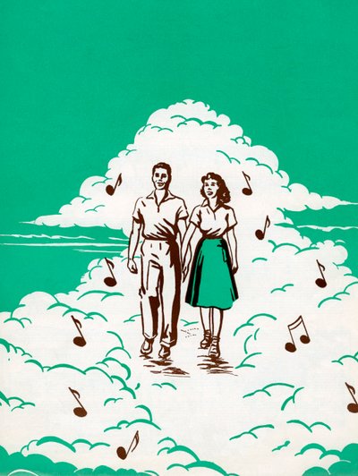 Koppel wandelend in de wolken omringd door muzieknoten door American School