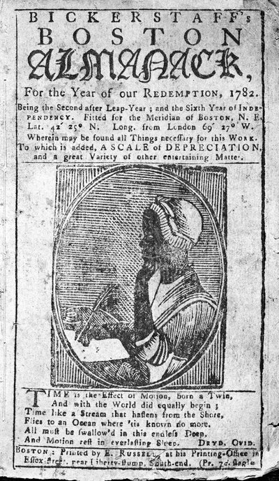 Omslag van Bickerstaffs Boston Almanack met een portret van Phillis Wheatley (1753-84) uitgegeven 1782 door American School