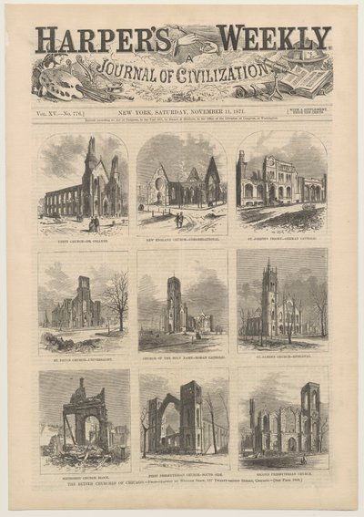 Omslag van Harpers Weekly met scènes van de verwoeste kerken van Chicago, 11 november 1871 door American School
