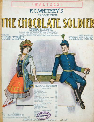 Omslag van partituur van The Chocolate Soldier, operette door Oscar Straus, gepubliceerd in New York, ca. 1910 door American School