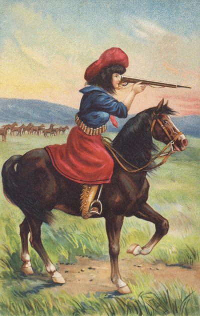 Cowgirl te paard richt een geweer (chromolitho) door American School