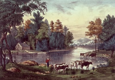 Koeien aan de oever van een meer, uitgegeven door Nathaniel Currier en James Merritt Ives door American School