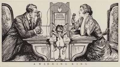 Cupido orkestreert een telefoongesprek tussen een man en een vrouw (litho) door American School
