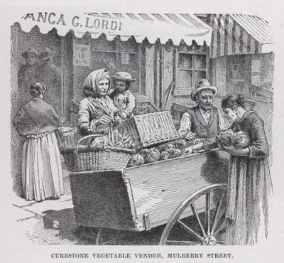 Straatverkoper van groenten, Mulberry Street (litho) door American School