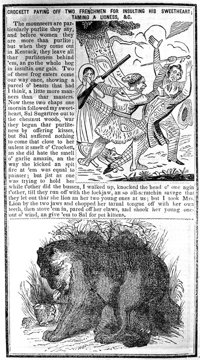 Davy Crockett die twee Fransen afbetaalt voor het beledigen van zijn geliefde, het temmen van een leeuwin, enz., illustratie uit Crocketts Almanak door American School