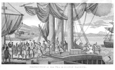 Vernietiging van de thee in de haven van Boston in 1773 door American School