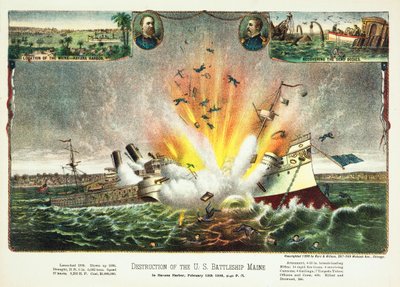 Vernietiging van het Amerikaanse slagschip Maine in de haven van Havana, 15 februari 1898, uitgegeven 1898 door American School
