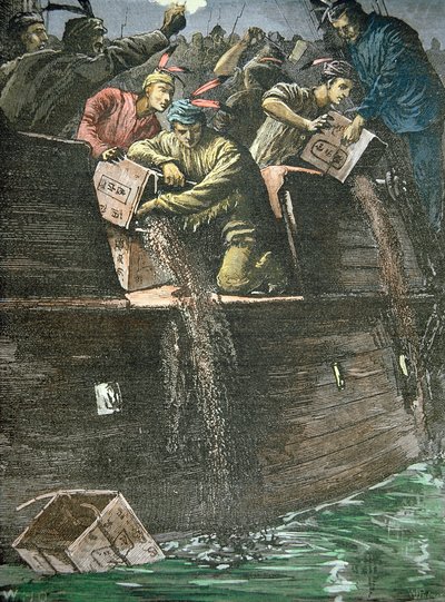 Vernietiging van de theeladingen, bekend als de Boston Tea Party door American School