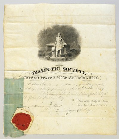 Document ondertekend door Ulysses S. Grant als president van de Dialectische Vereniging op de West Point Militaire Academie, 20 juni 1843 door American School