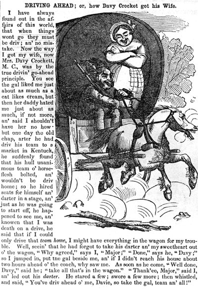 Vooruit rijden, of hoe Davy Crocket zijn vrouw kreeg, uit Crocketts almanak voor 1856, gepubliceerd, New York, 1855 door American School
