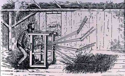 Vroege pogingen tot dorsmachines, illustratie uit The Growth of Industrial Art, 1892, uit The Pageant of America, Vol.3, door Ralph Henry Gabriel, 1926 door American School