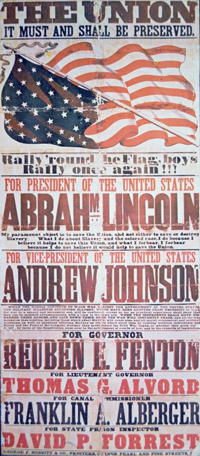 Verkiezingscampagneposter voor Abraham Lincoln (1809-65) voor president en Andrew Johnson (1808-75) voor vice-president door American School