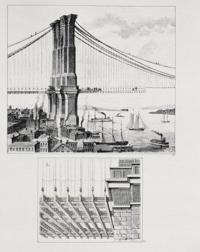 Elevatie van een toren van de Brooklyn Bridge, New York door American School