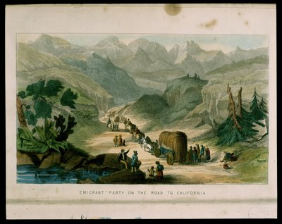Emigrantengroep op weg naar Californië in 1596, illustratie uit California, its past history, its present position, its future prospects door G.A. Fleming, 1850 door American School