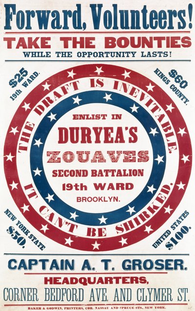 Wervingsposter voor Duryeas Zouaven, Tweede Bataljon, 19e Wijk, Brooklyn door American School