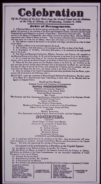 Erie Kanaal: sleutelonderdeel van het New York State Canal System; Broadside van 8 oktober 1823 ter viering van de opening (voltooid in 1825) door American School