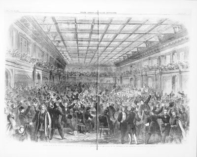Spannende scène in het Huis van Afgevaardigden, 31 januari 1865, bij de aankondiging van de goedkeuring van het amendement om slavernij voor altijd af te schaffen, uit 