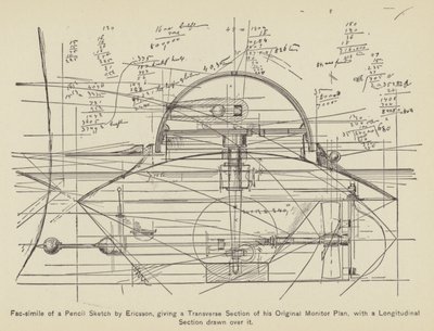 Facsimile van een Potloodschets door Ericsson, met een Dwarsdoorsnede van zijn Originele Monitor (gravure) door American School