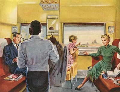Gezin geniet van een eersteklas cabine tijdens een treinreis door American School
