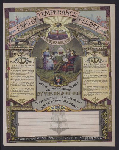 Familie onthoudingsbelofte (gekleurde gravure) door American School