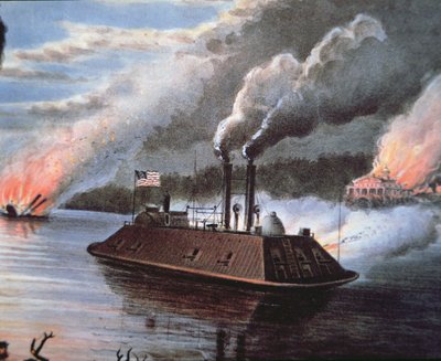 Federale ironclad schip op de Mississippi bombardeert vijandelijk gebied door American School