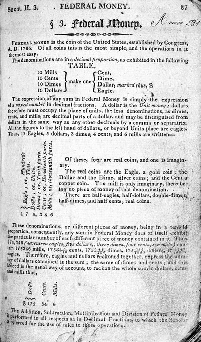 Federaal geld, pagina uit The Scholars Arithmetic 6e editie, door Daniel Adams, gepubliceerd door N.H.Keene, 1810 door American School
