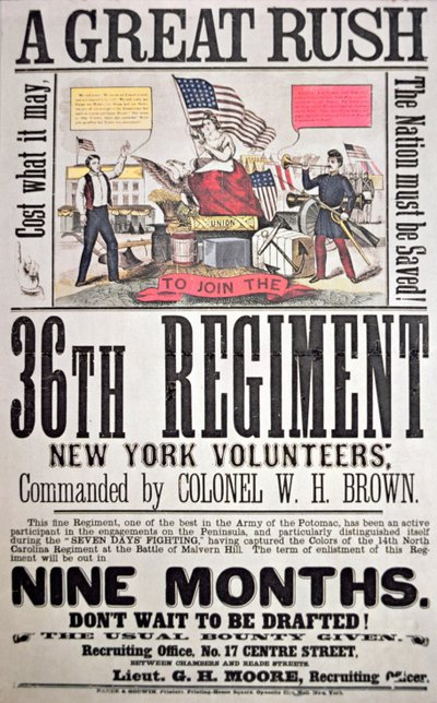 Federale wervingsposter voor het 36e Regiment, New York vrijwilligers door American School