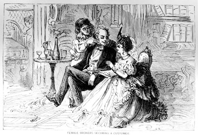 Vrouwelijke makelaars die een klant binnenhalen, illustratie uit The Bulls and Bears of New York, door Matthew Hale Smith (1810-79) 1873 door American School