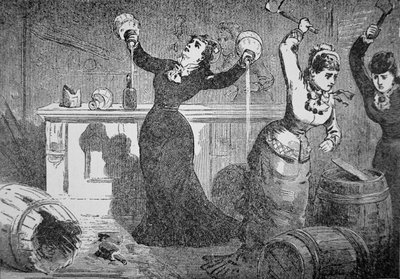 Vrouwelijke leden van de Anti-Saloon League vernielen een saloon, Fredericktown, Ohio, uit de 