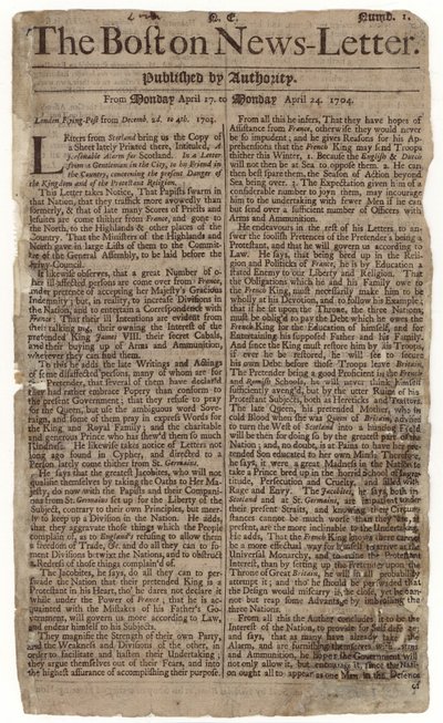 Eerste uitgave van de Boston News-Letter, 1704 (krantenpapier) door American School