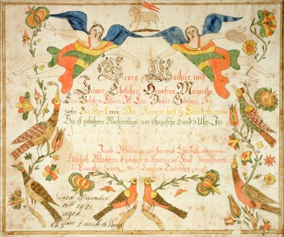 Fraktuur voor de geboorte- en doopakte van Elizabeth Wachter (1808-71) 1808 (inkt  aquarel op papier) door American School