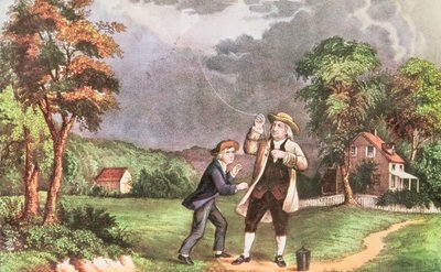 Franklins experiment in elektriciteit ca. 1746, gepubliceerd door Currier en Ives door American School