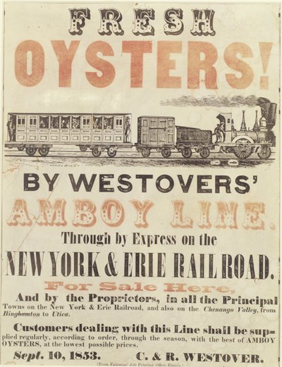 Verse oesters! Door Westovers Amboy Line, via Express op de New York & Erie Railroad, 10 september 1853 door American School