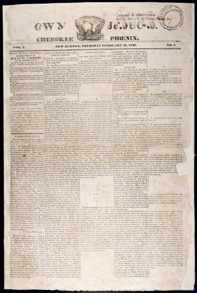 Voorpagina van de Cherokee Phoenix, 21 februari 1828 (prent) door American School