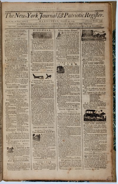 Voorpagina van de New York Journal and Patriot Register, 21 augustus 1793 door American School