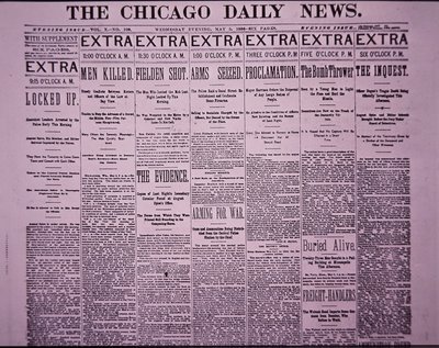 Voorpagina van The Chicago Daily News met berichtgeving over de Chicago Haymarket Arbeidersoproer, 5 mei 1886 door American School