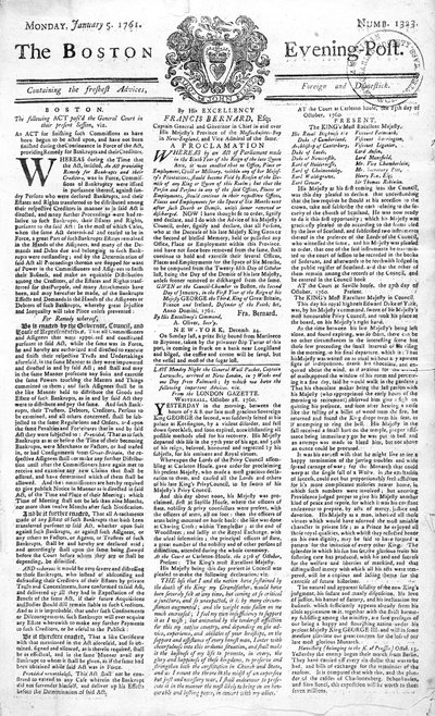 Voorpagina van de Boston Evening Post met aankondiging van de dood van koning George II (1683-1760), 5 januari 1761 (prent) door American School