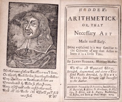 Frontispice en titelpagina voor Hodders Arthimetick of, Die noodzakelijke kunst het gemakkelijkst gemaakt, door James Hodder, 1719 door American School